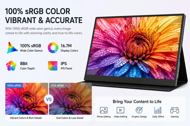 Alt view image 3 of 7 - 13.3Inch Portable Monitor, 60Hz, 100% sRGB, FHD 4K(3840×2160) 13.3-inch, 60Hz, 100% sRGB, FHD 4K, Compatible with PS4, PS3, Xbox One, Switch, Laptops, and Other Devicesortable monitor