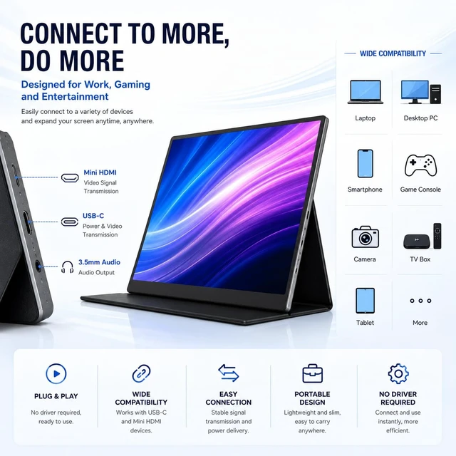 Alt view image 4 of 7 - 13.3Inch Portable Monitor, 60Hz, 100% sRGB, FHD 4K(3840×2160) 13.3-inch, 60Hz, 100% sRGB, FHD 4K, Compatible with PS4, PS3, Xbox One, Switch, Laptops, and Other Devicesortable monitor