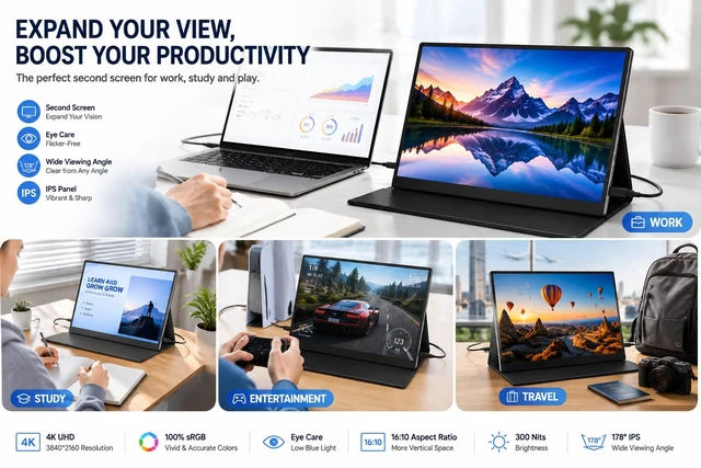 Alt view image 7 of 7 - 13.3Inch Portable Monitor, 60Hz, 100% sRGB, FHD 4K(3840×2160) 13.3-inch, 60Hz, 100% sRGB, FHD 4K, Compatible with PS4, PS3, Xbox One, Switch, Laptops, and Other Devicesortable monitor