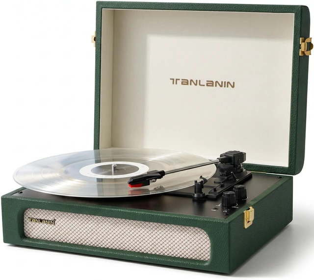 Main image of Vinyl Record Player with Speakers Bass & Treble Control Turntable Green & Champagne Gold, Vintage Portable 3-Speed LP Player, Bass & Treble Control, Auto Stop, RCA, AUX, Headphone Jack