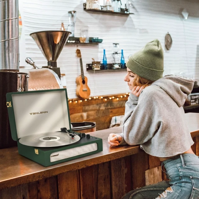 Alt view image 3 of 7 - Vinyl Record Player with Speakers Bass & Treble Control Turntable Green & Champagne Gold, Vintage Portable 3-Speed LP Player, Bass & Treble Control, Auto Stop, RCA, AUX, Headphone Jack