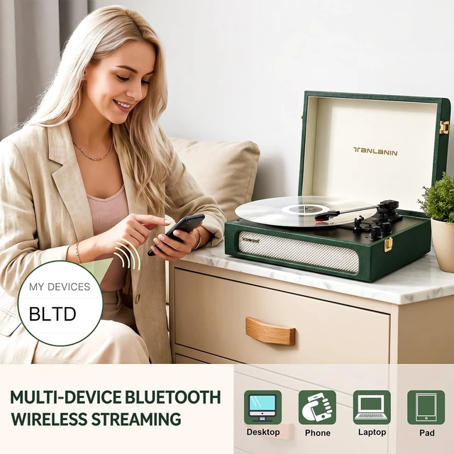 Alt view image 4 of 7 - Vinyl Record Player with Speakers Bass & Treble Control Turntable Green & Champagne Gold, Vintage Portable 3-Speed LP Player, Bass & Treble Control, Auto Stop, RCA, AUX, Headphone Jack
