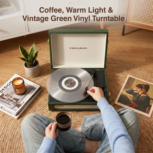 Alt view image 6 of 7 - Vinyl Record Player with Speakers Bass & Treble Control Turntable Green & Champagne Gold, Vintage Portable 3-Speed LP Player, Bass & Treble Control, Auto Stop, RCA, AUX, Headphone Jack