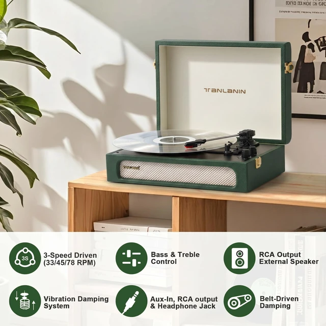 Alt view image 5 of 7 - Vinyl Record Player with Speakers Bass & Treble Control Turntable Green & Champagne Gold, Vintage Portable 3-Speed LP Player, Bass & Treble Control, Auto Stop, RCA, AUX, Headphone Jack