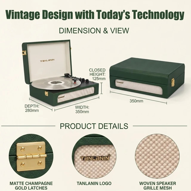 Alt view image 2 of 7 - Vinyl Record Player with Speakers Bass & Treble Control Turntable Green & Champagne Gold, Vintage Portable 3-Speed LP Player, Bass & Treble Control, Auto Stop, RCA, AUX, Headphone Jack