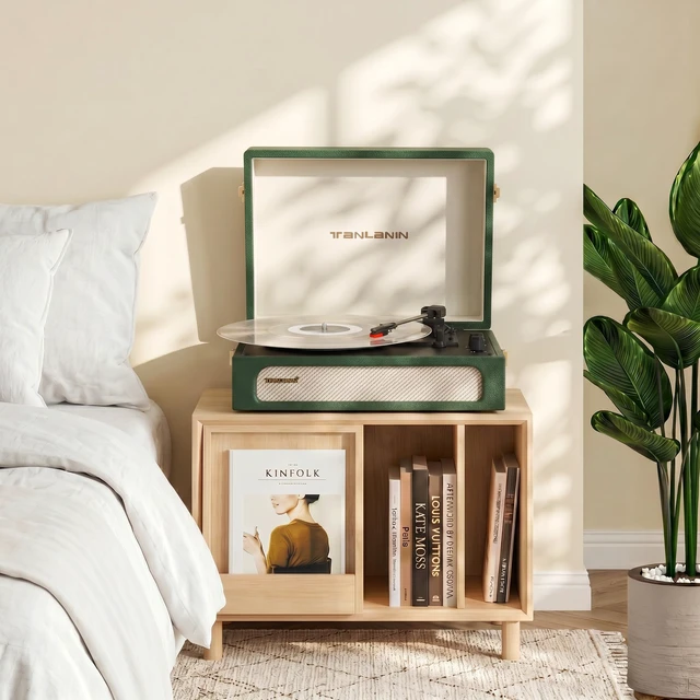 Alt view image 7 of 7 - Vinyl Record Player with Speakers Bass & Treble Control Turntable Green & Champagne Gold, Vintage Portable 3-Speed LP Player, Bass & Treble Control, Auto Stop, RCA, AUX, Headphone Jack