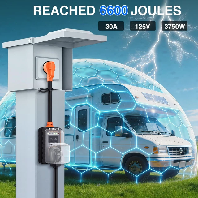 Alt view image 3 of 7 - 30 Amp RV Surge Protector 6600 Joules Circuit Analyzer with LED Real-Time Display KWH Voltage Current 30Amp Power Protectors IP66 Waterproof Cover for RVs Camper Travel Trailer