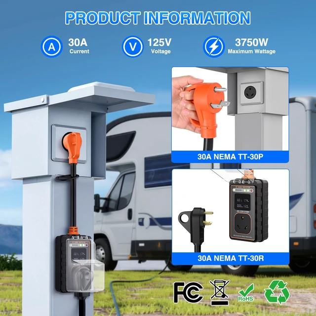 Alt view image 4 of 7 - 30 Amp RV Surge Protector 6600 Joules Circuit Analyzer with LED Real-Time Display KWH Voltage Current 30Amp Power Protectors IP66 Waterproof Cover for RVs Camper Travel Trailer