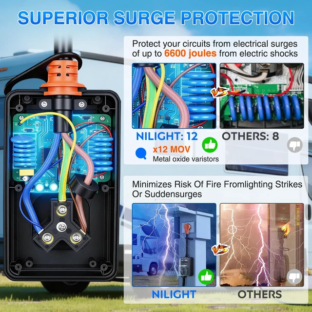 Alt view image 6 of 7 - 30 Amp RV Surge Protector 6600 Joules Circuit Analyzer with LED Real-Time Display KWH Voltage Current 30Amp Power Protectors IP66 Waterproof Cover for RVs Camper Travel Trailer