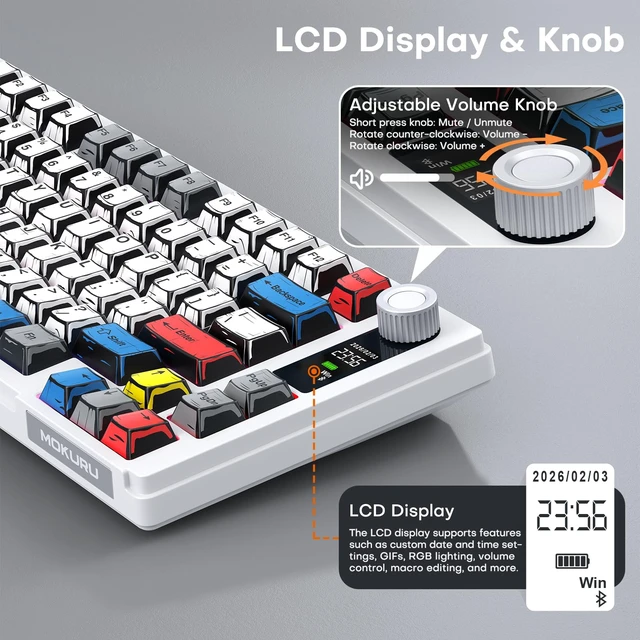 Alt view image 4 of 7 - Wireless Mechanical Keyboard, Three Mode BT/2.4G/USB-C, RGB Switching, 75% Key Layout, Volume Adjustment knob, Hot Swappable Shaft Seat, Compatible with Windows, Mac (Comic PBT)