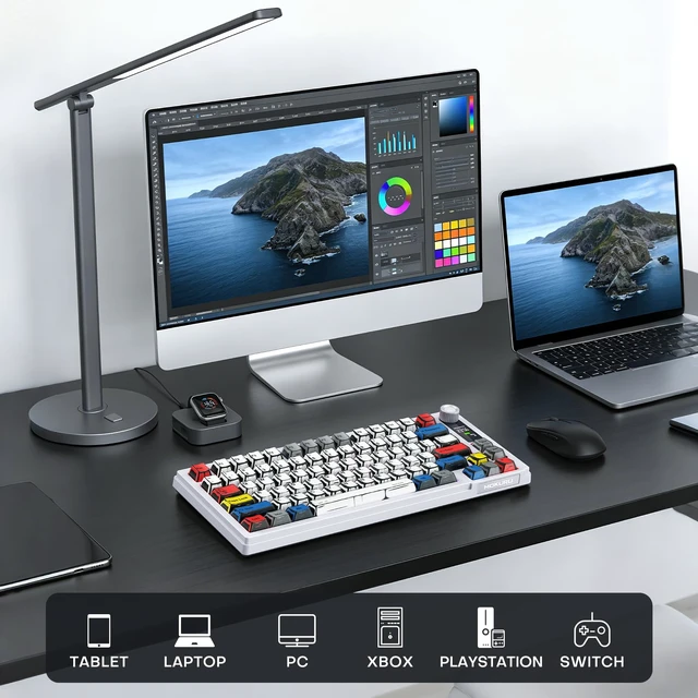 Alt view image 6 of 7 - Wireless Mechanical Keyboard, Three Mode BT/2.4G/USB-C, RGB Switching, 75% Key Layout, Volume Adjustment knob, Hot Swappable Shaft Seat, Compatible with Windows, Mac (Comic PBT)