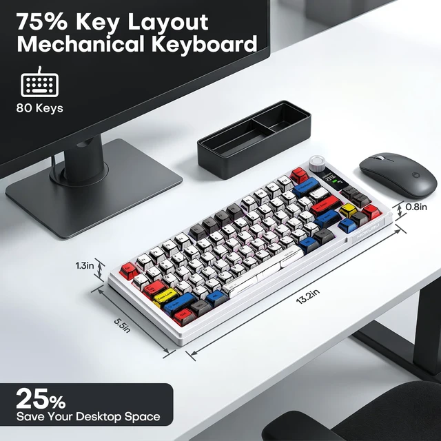 Alt view image 7 of 7 - Wireless Mechanical Keyboard, Three Mode BT/2.4G/USB-C, RGB Switching, 75% Key Layout, Volume Adjustment knob, Hot Swappable Shaft Seat, Compatible with Windows, Mac (Comic PBT)