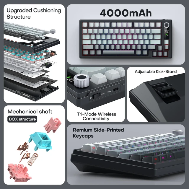 Alt view image 2 of 7 - Wireless Mechanical Keyboard, Three Mode BT/2.4G/USB-C, RGB Switching, 75% Key Layout, Volume Adjustment knob, Hot Swappable Shaft Seat, Compatible with Windows, Mac (Black Gradient)