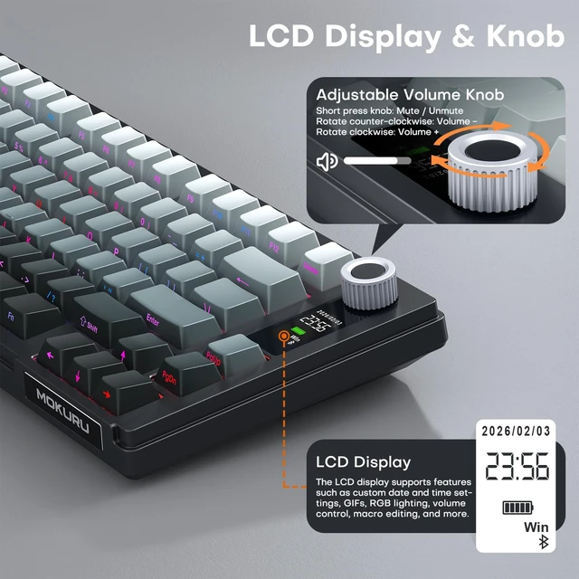 Alt view image 3 of 7 - Wireless Mechanical Keyboard, Three Mode BT/2.4G/USB-C, RGB Switching, 75% Key Layout, Volume Adjustment knob, Hot Swappable Shaft Seat, Compatible with Windows, Mac (Black Gradient)