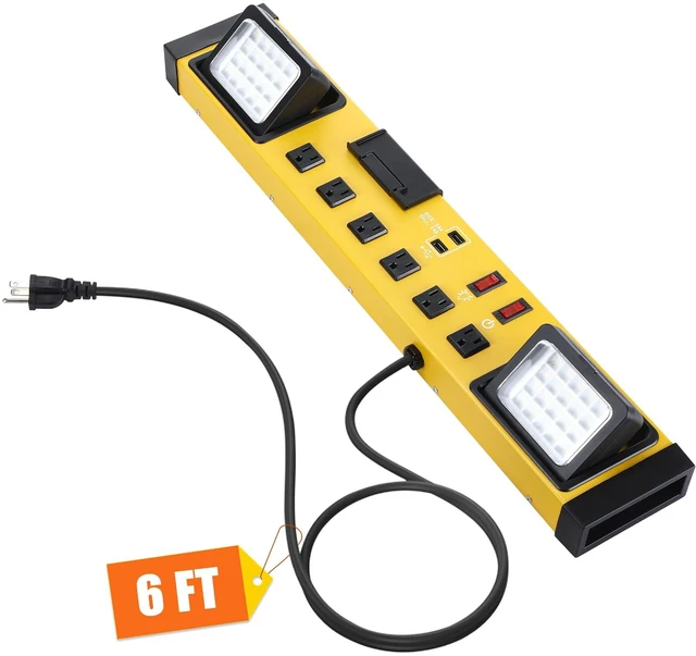 Main image of 6 Outlets Power Strip with LED Worklight, Yellow Black Metal Heavy Duty Mount Workbench, Power Strip with 6FT 14/3 AWG Cord, 2 USB Ports, 15A Circuit Breaker for Garage Workshop