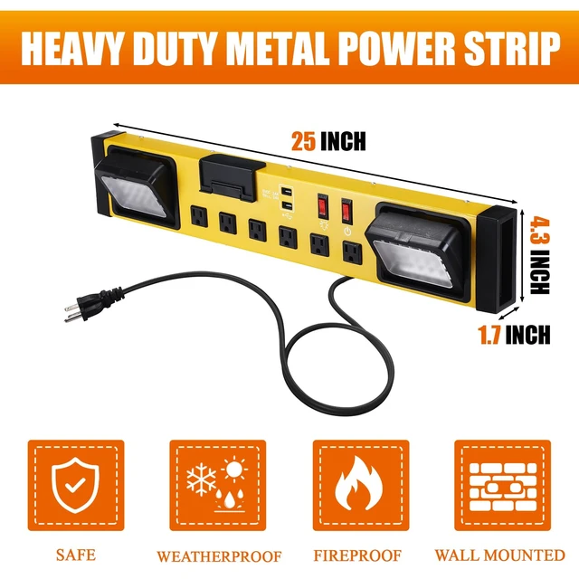 Alt view image 2 of 7 - 6 Outlets Power Strip with LED Worklight, Yellow Black Metal Heavy Duty Mount Workbench, Power Strip with 6FT 14/3 AWG Cord, 2 USB Ports, 15A Circuit Breaker for Garage Workshop