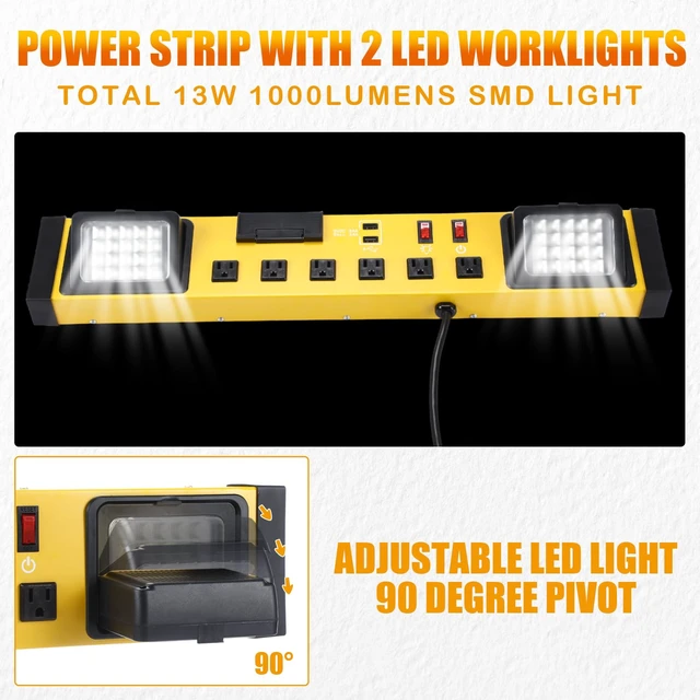 Alt view image 4 of 7 - 6 Outlets Power Strip with LED Worklight, Yellow Black Metal Heavy Duty Mount Workbench, Power Strip with 6FT 14/3 AWG Cord, 2 USB Ports, 15A Circuit Breaker for Garage Workshop