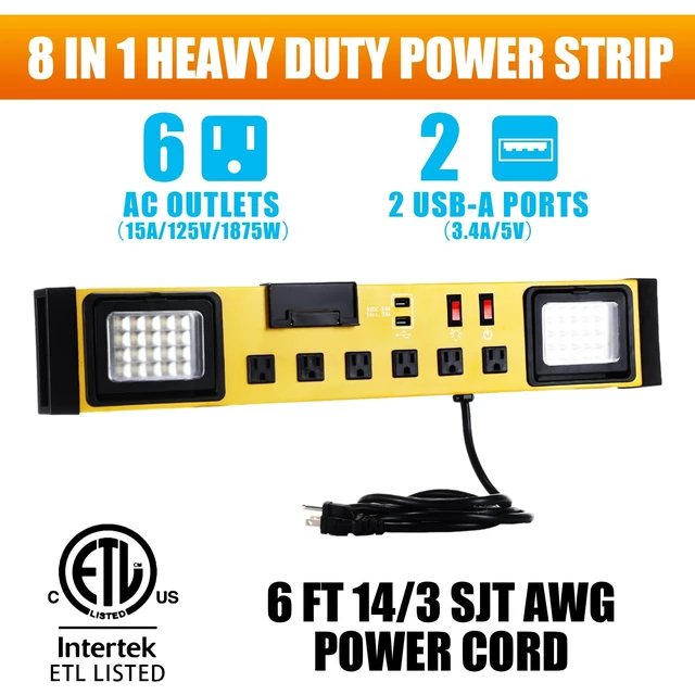 Alt view image 3 of 7 - 6 Outlets Power Strip with LED Worklight, Yellow Black Metal Heavy Duty Mount Workbench, Power Strip with 6FT 14/3 AWG Cord, 2 USB Ports, 15A Circuit Breaker for Garage Workshop