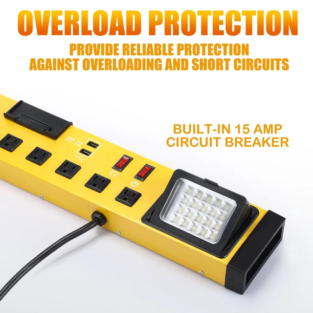 Alt view image 5 of 7 - 6 Outlets Power Strip with LED Worklight, Yellow Black Metal Heavy Duty Mount Workbench, Power Strip with 6FT 14/3 AWG Cord, 2 USB Ports, 15A Circuit Breaker for Garage Workshop