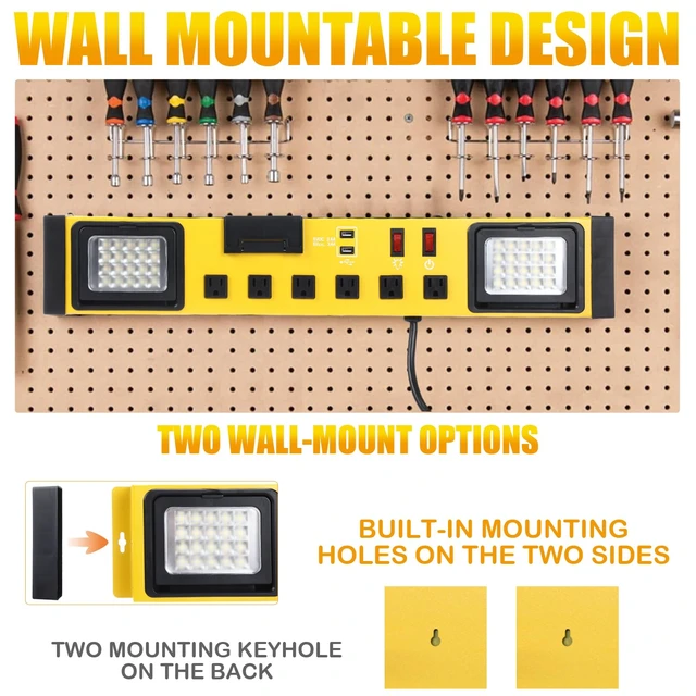 Alt view image 6 of 7 - 6 Outlets Power Strip with LED Worklight, Yellow Black Metal Heavy Duty Mount Workbench, Power Strip with 6FT 14/3 AWG Cord, 2 USB Ports, 15A Circuit Breaker for Garage Workshop