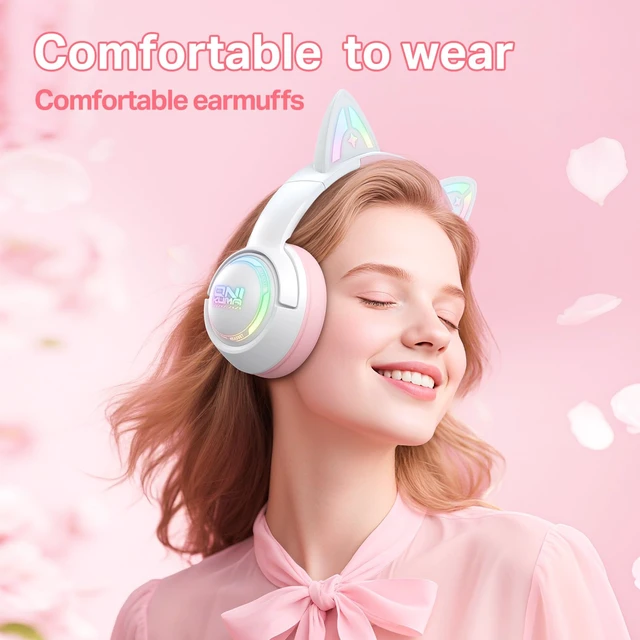 Alt view image 3 of 7 - Wireless Cat Ear Gaming Headset with RGB Lights Tri-Mode (2.4G Wireless/Bluetooth/Wired) Over-Ear Headphones with Mic, 50mm Drivers, Low Latency, Long Battery, Type-C Fast Charging (Pink)