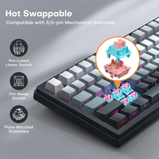 Alt view image 4 of 7 - Wireless Mechanical Keyboard, Three Mode BT/2.4G/USB-C, RGB Switching, 75% Key Layout, Volume Adjustment knob, Hot Swappable Shaft Seat, Compatible with Windows, Mac (Black Gradient)