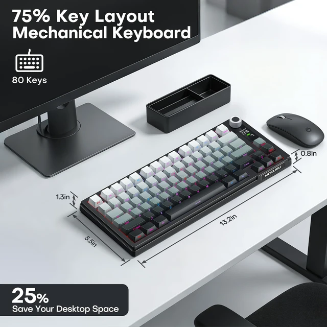 Alt view image 6 of 7 - Wireless Mechanical Keyboard, Three Mode BT/2.4G/USB-C, RGB Switching, 75% Key Layout, Volume Adjustment knob, Hot Swappable Shaft Seat, Compatible with Windows, Mac (Black Gradient)