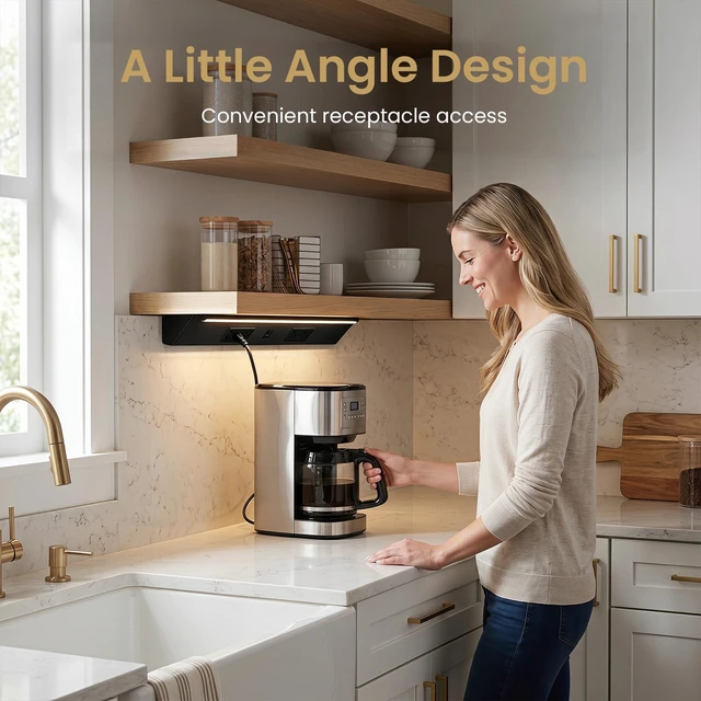 Alt view image 4 of 7 - 18" Angled Under Cabinet Outlet Strip, 2 x 15 Amp Duplex Receptacle, 1 Pack GFCI Protection, Sturdy Metal Struture, Pre-Wired for Easy Installtion, Keep Tile Backsplash Tidy, Brown