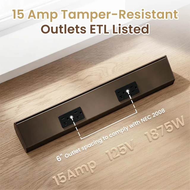 Alt view image 3 of 7 - 18" Angled Under Cabinet Outlet Strip, 2 x 15 Amp Duplex Receptacle, 1 Pack GFCI Protection, Sturdy Metal Struture, Pre-Wired for Easy Installtion, Keep Tile Backsplash Tidy, Brown