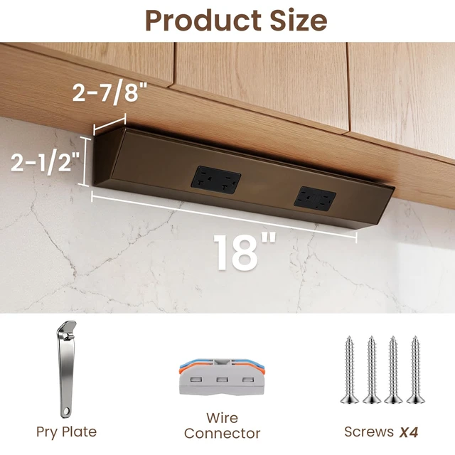 Alt view image 6 of 7 - 18" Angled Under Cabinet Outlet Strip, 2 x 15 Amp Duplex Receptacle, 1 Pack GFCI Protection, Sturdy Metal Struture, Pre-Wired for Easy Installtion, Keep Tile Backsplash Tidy, Brown