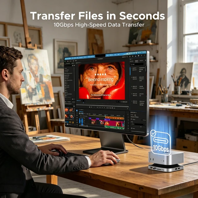 Alt view image 6 of 7 - Mac mini M6, M5 Pro, M4 Dock with 8TB SSD Enclosure, 4K@144Hz HDMI USB-C & USB-A Hub, 10Gbps Data Transfer, SD/TF Card Reader, 3.5mm Audio, Aluminum Stand for Mac mini M4, M5 Pro & M6