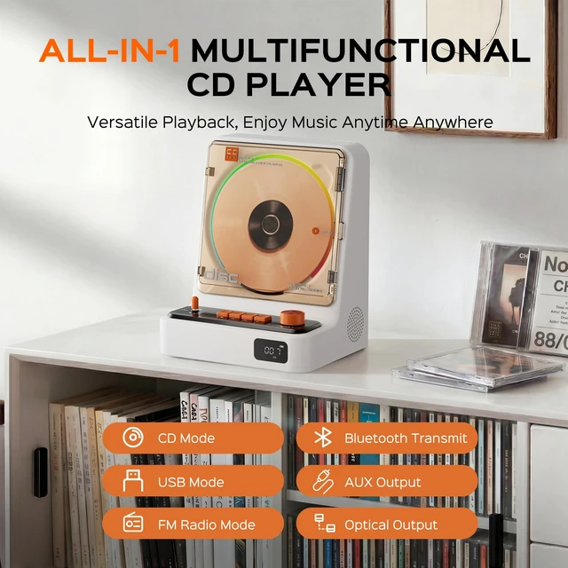 Alt view image 2 of 7 - Vertical CD Player, 5200mAh Bluetooth CD Players for Home with Remote CD Player Portable with LED Screen, FM Radio, 6 RGM Lights, Bluetooth Receiver & Transmitter, USB, AUX Output, 3 Repeat Modes