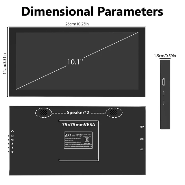 Alt view image 3 of 7 - 10.1 Inch Secondary Mini Monitor,IPS Stretched Bar LCD Travel Display 1540×720 USB-C HDMI Portable Secondary Display with Stand & Speaker, CNC Material for PC Laptop AIDA64, Speaker