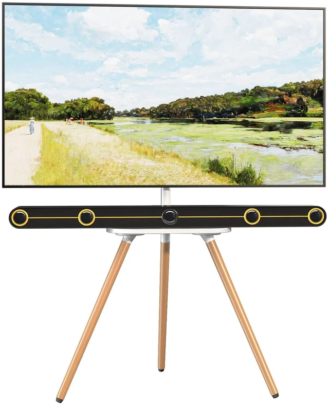 Main image of Easel TV-Stand for 43-65 TVs - Portable, Swivel, Tripod, White Height Adjustable, Wooden Tray, Max VESA 400x400mm, for living room, corner TV mounting, Tripod TV stand
