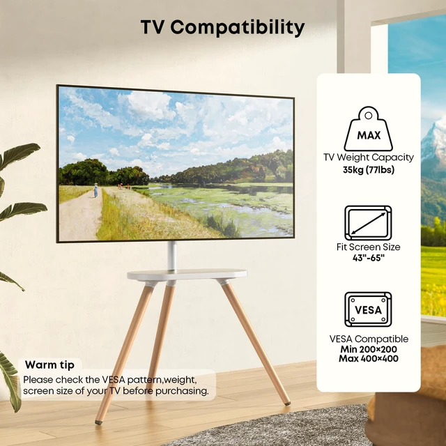 Alt view image 2 of 7 - Easel TV-Stand for 43-65 TVs - Portable, Swivel, Tripod, White Height Adjustable, Wooden Tray, Max VESA 400x400mm, for living room, corner TV mounting, Tripod TV stand