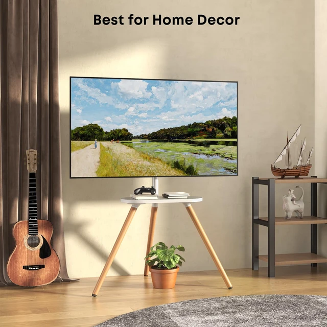 Alt view image 3 of 7 - Easel TV-Stand for 43-65 TVs - Portable, Swivel, Tripod, White Height Adjustable, Wooden Tray, Max VESA 400x400mm, for living room, corner TV mounting, Tripod TV stand