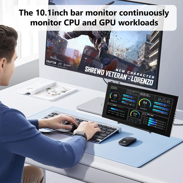 Alt view image 6 of 7 - 10.1 Inch Secondary Mini Monitor,IPS Stretched Bar LCD Travel Display 1540×720 USB-C HDMI Portable Secondary Display with Stand & Speaker, CNC Material for PC Laptop AIDA64, Speaker