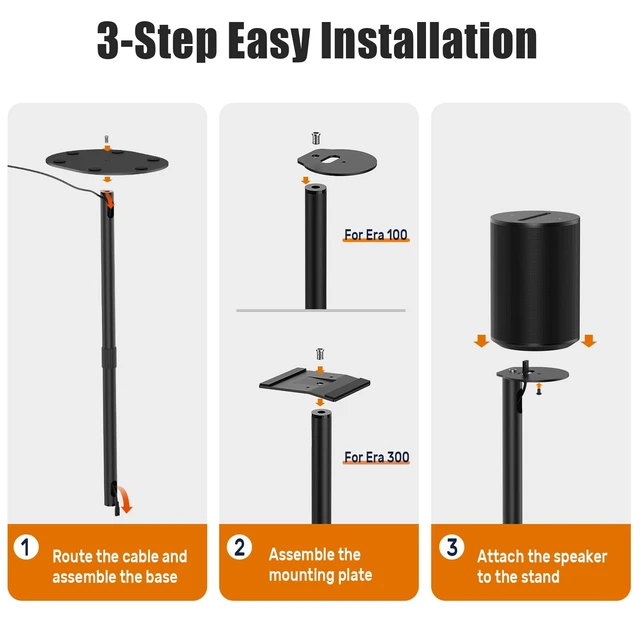 Alt view image 7 of 7 - Speaker Stands for Sonos Era 100 & Era 300, 26-43 Height Adjustable Floor Stand, Dual-Mount Base Surround Sound Speaker Mount with Cable Management for Home Theater, Pair (2 Pack)