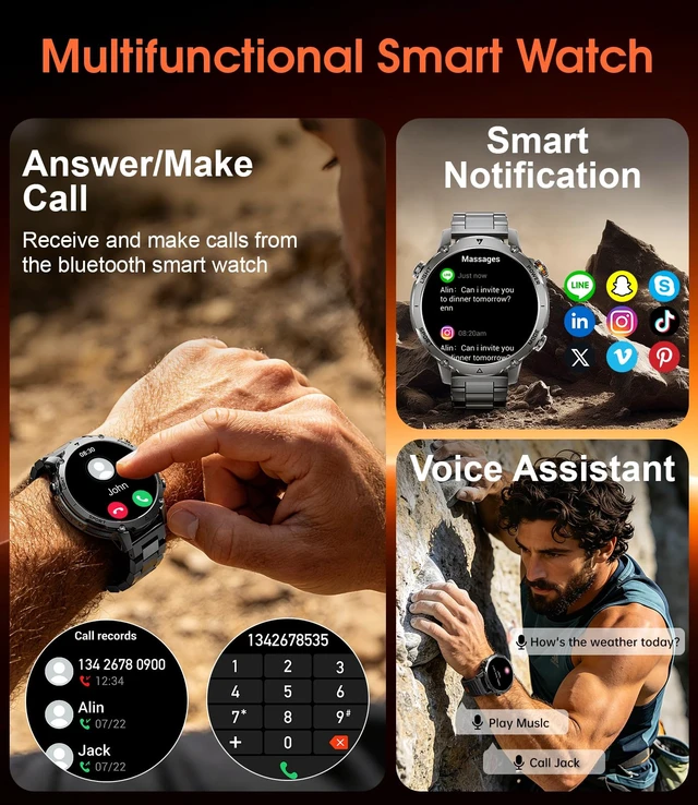 Alt view image 3 of 7 - 1400mAh Military Smart Watches for Men,1.7'' HD Fitness Smartwatch with Answer/Make Calls, Heart Rate, SpO2 Monitor,Sleep Tracker,120+Sports Mode,5ATM Waterproof Smart watch for Android iPhone Black