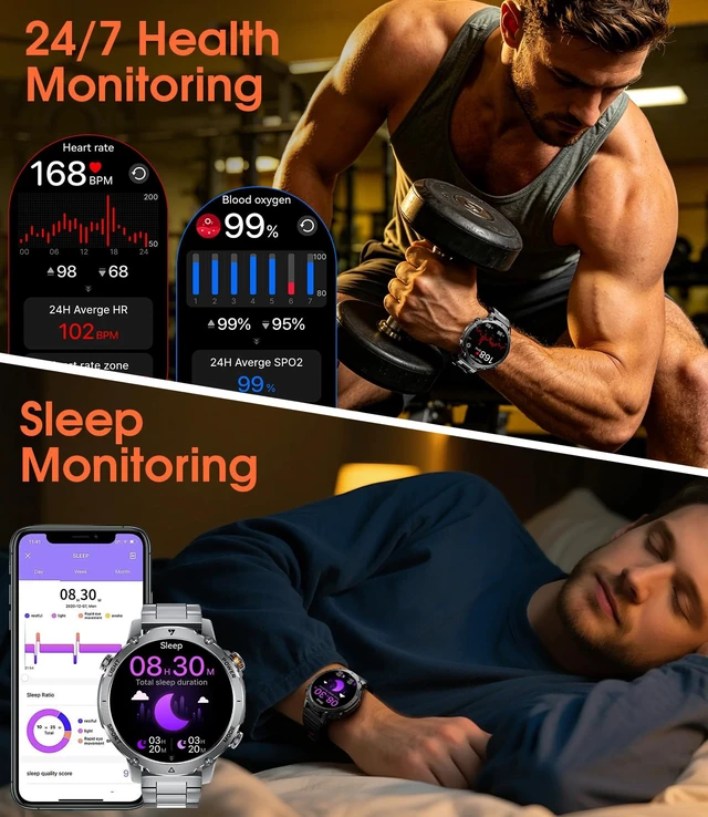 Alt view image 5 of 7 - 1400mAh Military Smart Watches for Men,1.7'' HD Fitness Smartwatch with Answer/Make Calls, Heart Rate, SpO2 Monitor,Sleep Tracker,120+Sports Mode,5ATM Waterproof Smart watch for Android iPhone Black