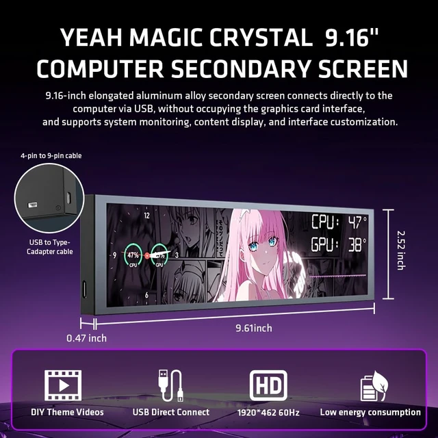 Alt view image 3 of 7 - Crystal 9.16" PC Secondary Display IPS Monitor Black Customizable Interface, Real-Time CPU/GPU Monitoring, Easy Software Setup, Desktop & PC Case Mounting Options
