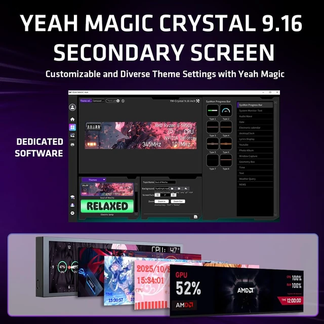 Alt view image 5 of 7 - Crystal 9.16" PC Secondary Display IPS Monitor Black Customizable Interface, Real-Time CPU/GPU Monitoring, Easy Software Setup, Desktop & PC Case Mounting Options