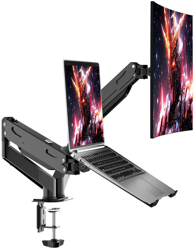 Main image of Monitor and Laptop Mount for Max 32" Screen and 17" Notebook Dual Monitor Mount Holds up to 22lbs Each, Laptop Tray Stand with Gas Spring Arm, VESA 75x75/100x100mm