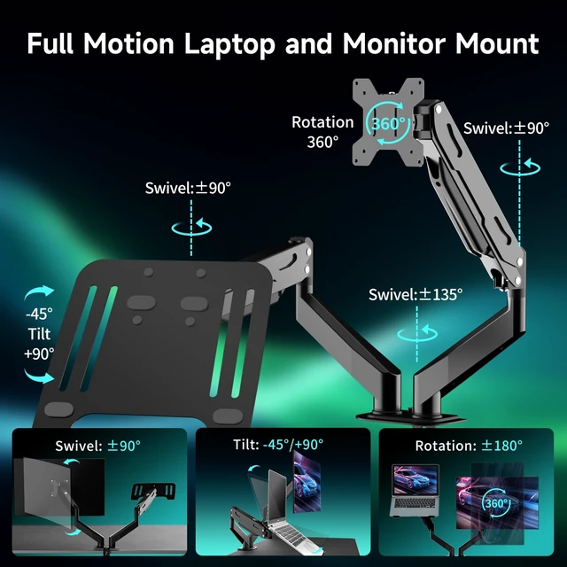 Alt view image 2 of 7 - Monitor and Laptop Mount for Max 32" Screen and 17" Notebook Dual Monitor Mount Holds up to 22lbs Each, Laptop Tray Stand with Gas Spring Arm, VESA 75x75/100x100mm