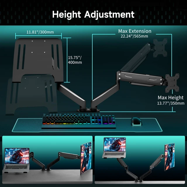 Alt view image 3 of 7 - Monitor and Laptop Mount for Max 32" Screen and 17" Notebook Dual Monitor Mount Holds up to 22lbs Each, Laptop Tray Stand with Gas Spring Arm, VESA 75x75/100x100mm