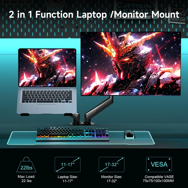 Alt view image 4 of 7 - Monitor and Laptop Mount for Max 32" Screen and 17" Notebook Dual Monitor Mount Holds up to 22lbs Each, Laptop Tray Stand with Gas Spring Arm, VESA 75x75/100x100mm
