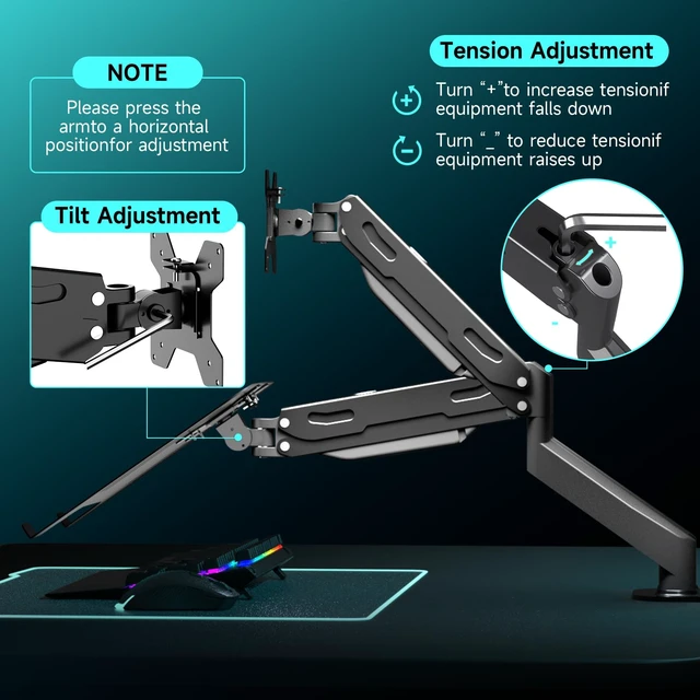 Alt view image 5 of 7 - Monitor and Laptop Mount for Max 32" Screen and 17" Notebook Dual Monitor Mount Holds up to 22lbs Each, Laptop Tray Stand with Gas Spring Arm, VESA 75x75/100x100mm