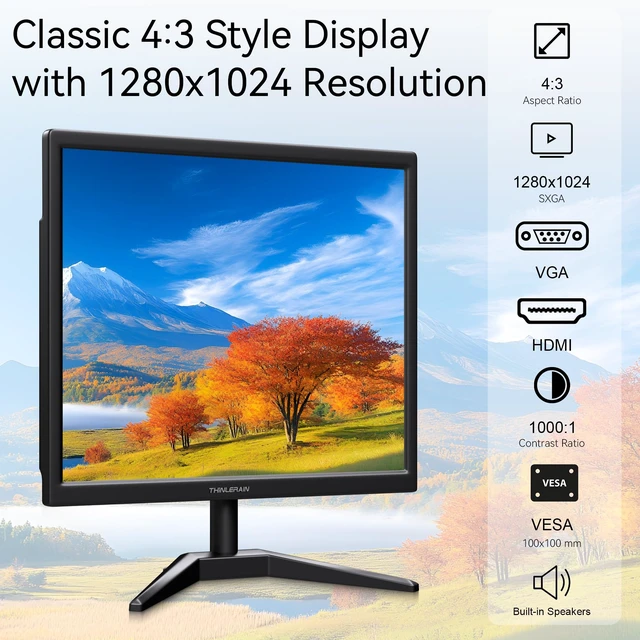 Alt view image 2 of 7 - 17 Inch Computer Monitor, 4:3 1280x1024 Small Desktop Square Monitor with VGA HDMI, VESA Wall Mountable, Built-in Speakers for Office POS Raspberry Pi Industrial