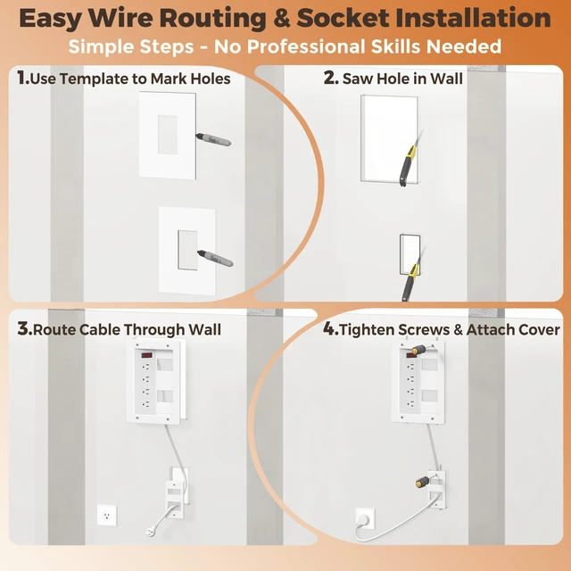 Alt view image 6 of 7 - In Wall Cable Management Kit with Recessed Outlet Box, 4 Outlets, 9.8FT Cord, Hand Saw & Cable Ties, TV Cord Hider for Wall Mounted TV, Fits All Plugs, Easy Safe Cable Management for TV & Home Theater