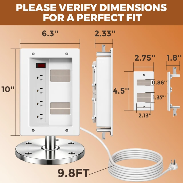 Alt view image 7 of 7 - In Wall Cable Management Kit with Recessed Outlet Box, 4 Outlets, 9.8FT Cord, Hand Saw & Cable Ties, TV Cord Hider for Wall Mounted TV, Fits All Plugs, Easy Safe Cable Management for TV & Home Theater
